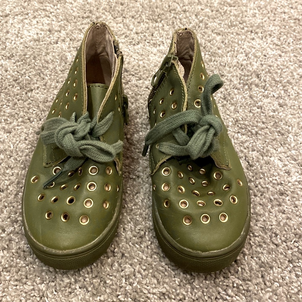 Army green with gold  zip up side high tops little kids size 8 -all leather